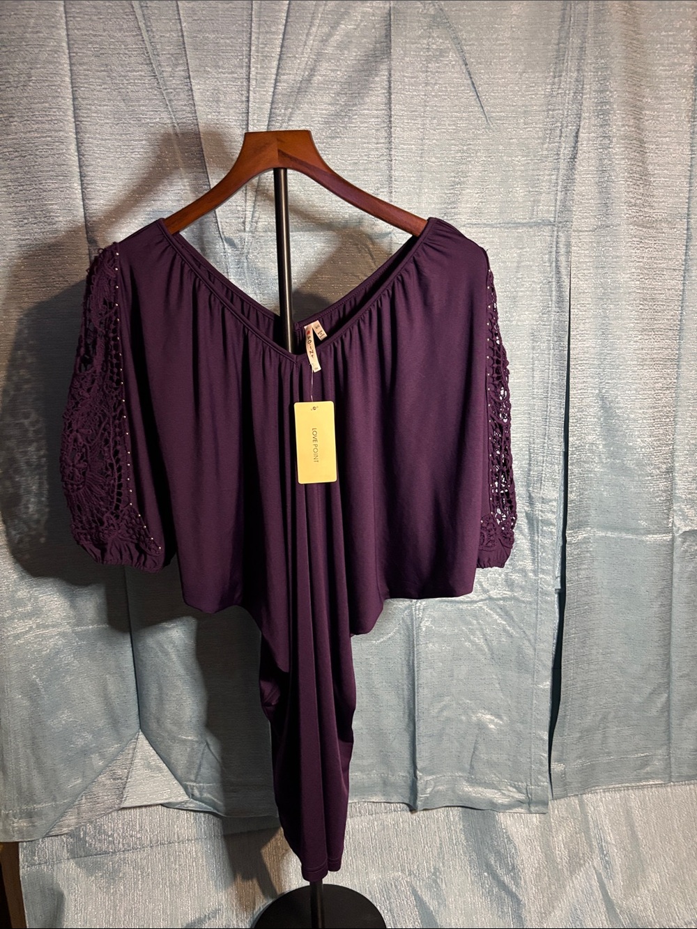 Off-Shoulder Crochet Sleeve Blouse in Deep Plum